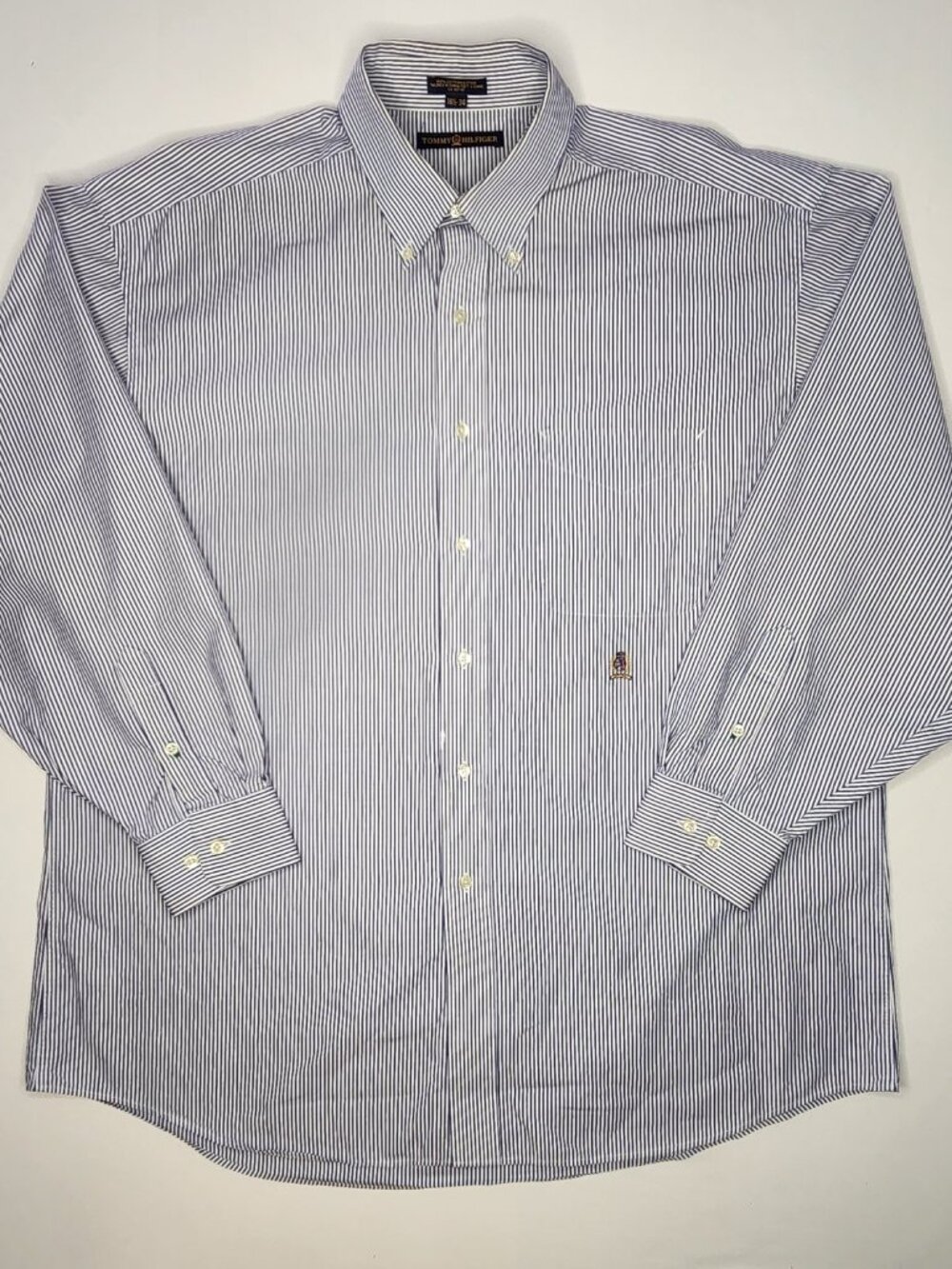 Tommy Hilfiger Crest Striped Dress Shirt Navy, 16.5/34 Classic Preppy